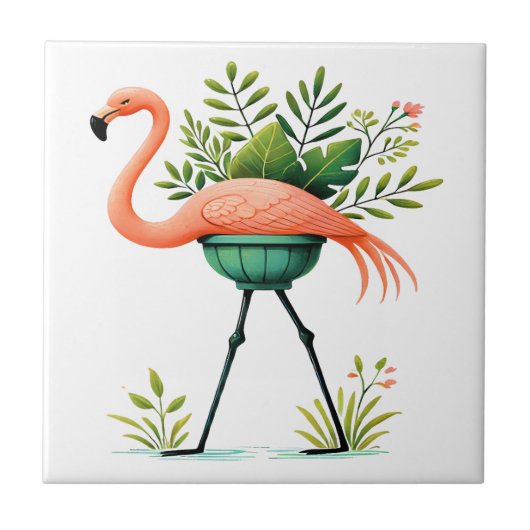 Whimsical FLAMINGO und Pflanze Fliese (Vorderseite)