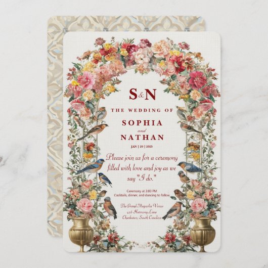 Whimsical Floral Arch Hochzeit Einladung mit Bird (Vorne/Hinten)