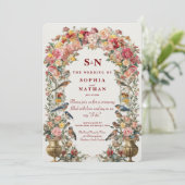 Whimsical Floral Arch Hochzeit Einladung mit Bird (Stehend Vorderseite)