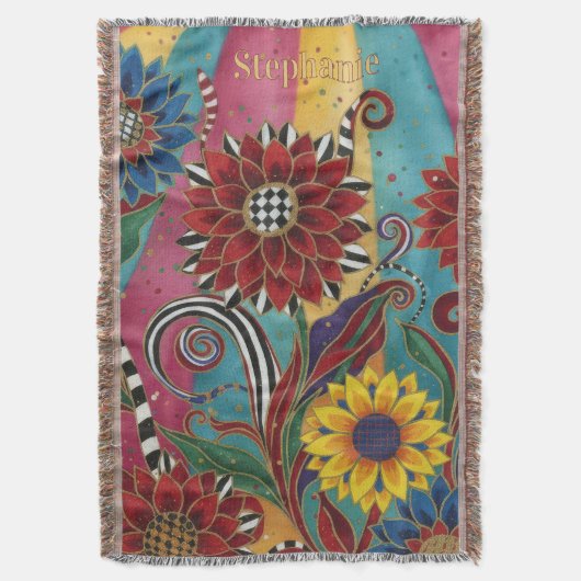 Whimsical Floral Art Custom Name Throw Blanket Decke (Vorderseite Vertikal)