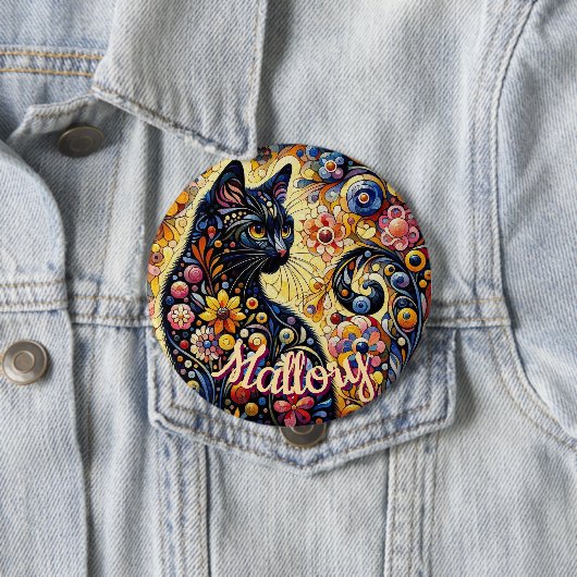 Whimsical Floral Black Cat Kitty Personalized Button (Beispiel)