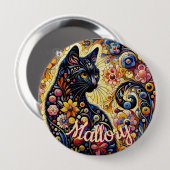 Whimsical Floral Black Cat Kitty Personalized Button (Vorne & Hinten)