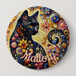 Whimsical Floral Black Cat Kitty Personalized Button