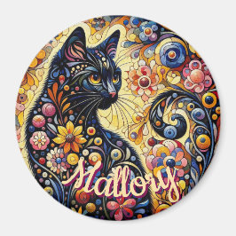 Whimsical Floral Black Cat Kitty Personalized Magnet