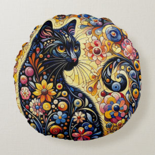 Whimsical Floral Black Cat Kitty Yellow Blue Rundes Kissen