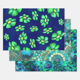 Whimsical Floral Blue Green Blume Decoupage Geschenkpapier Set