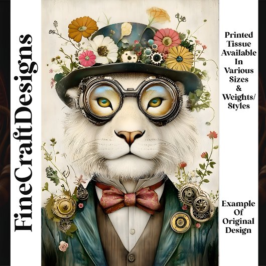 Whimsical Floral Boho Steampunk Lion M1 Decoupage Seidenpapier