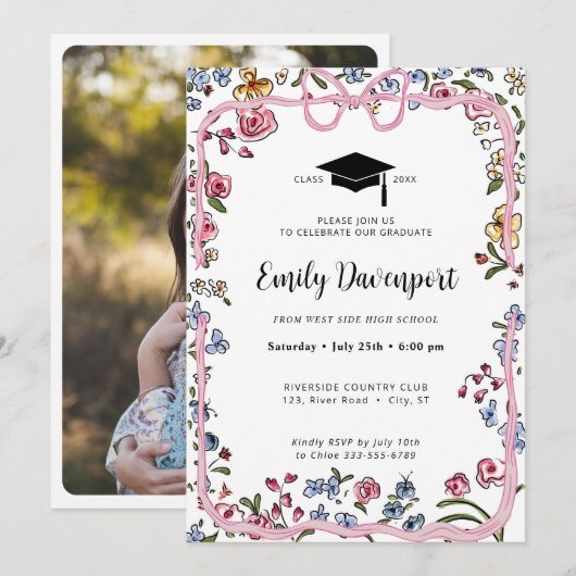 Whimsical Floral Bow Abschluss Foto auf der Rückse Einladung (Vorne/Hinten)