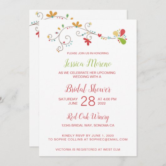 Whimsical Floral Bridal Dusche Einladung (Vorne/Hinten)