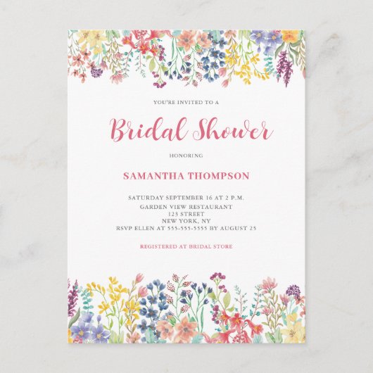 Whimsical Floral Bridal Dusche Einladung Postkarte (Vorderseite)