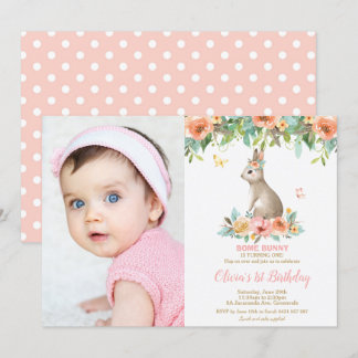 Whimsical Floral Bunny Kanbit 1. Geburtstag Foto Einladung