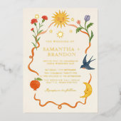 Whimsical Floral & Celestial Gold Wedding Folieneinladung (Vorderseite)