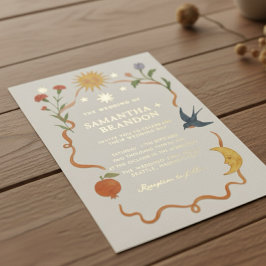 Whimsical Floral & Celestial Gold Wedding Folieneinladung