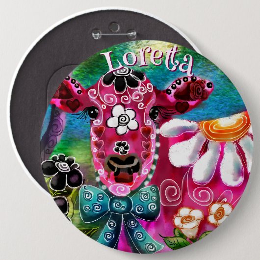 Whimsical Floral Cow Pink Teal Black Personalized Button (Vorne & Hinten)