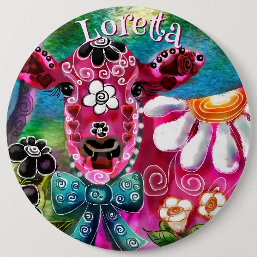 Whimsical Floral Cow Pink Teal Black Personalized Button (Vorderseite)