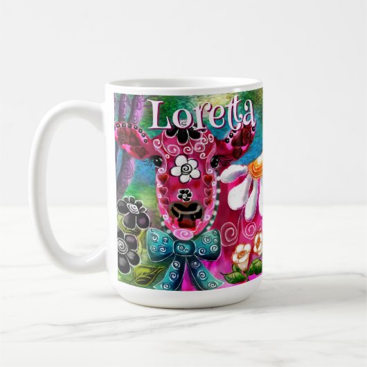 Whimsical Floral Cow Pink Teal Black Personalized Kaffeetasse (Links)