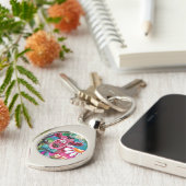 Whimsical Floral Cow Pink Teal Black Personalized Schlüsselanhänger (Seite)