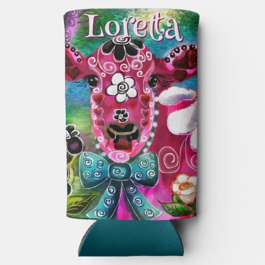 Whimsical Floral Cow Pink Teal Black Personalized Selters Dosenkühler (Rückseite)