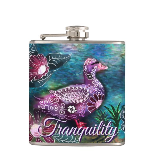 Whimsical Floral Duck Purple Teal Personalized Flachmann (Vorderseite)