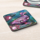 Whimsical Floral Duck Purple Teal Personalized Getränkeuntersetzer (Linke Seite)