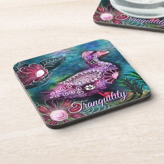 Whimsical Floral Duck Purple Teal Personalized Getränkeuntersetzer (Linke Seite)