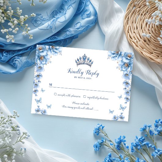 Whimsical Floral Dusty Blue Princess Quinceañera RSVP Karte