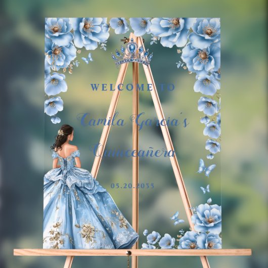 Whimsical Floral Dusty Blue Quinceañera Willkommen Acrylschild (Neutral)