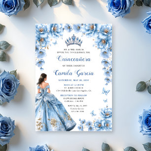 Whimsical Floral Dusty Blue Tiara Quinceañera Einladung
