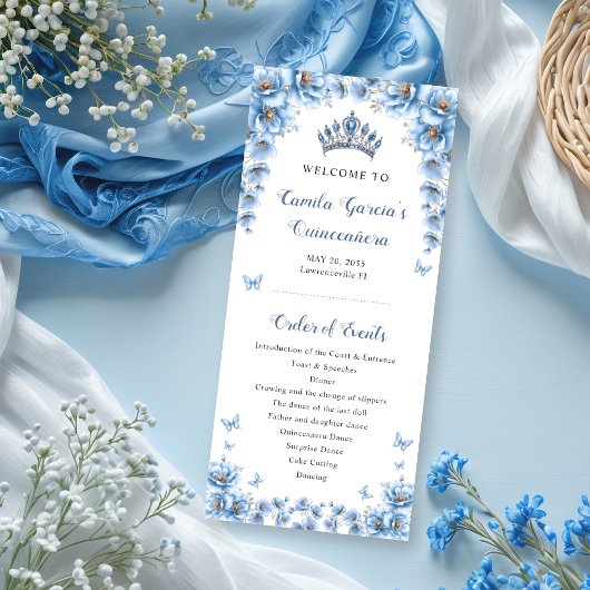 Whimsical Floral Dusty Blue Tiara Quinceañera Programm