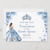 Whimsical Floral Dusty Blue Tiara Quinceañera Save The Date (Vorderseite)