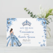 Whimsical Floral Dusty Blue Tiara Quinceañera Save The Date (Stehend Vorderseite)