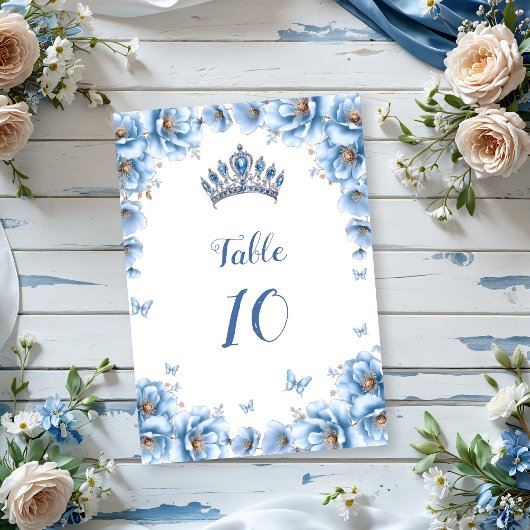 Whimsical Floral Dusty Blue Tiara Quinceañera Tischnummer