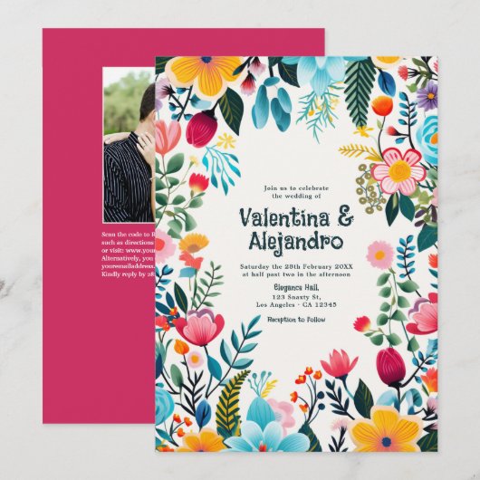 Whimsical Floral Fiesta Wedding Foto und QR Code Einladung (Vorne/Hinten)