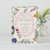Whimsical Floral Folk Art Wedding Hand Drawn  Einladung (Stehend Vorderseite)