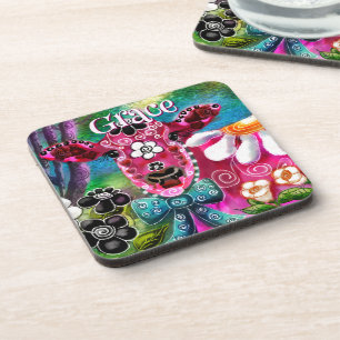Whimsical Floral Kuh Pink Teal Schwarz Personalisi Getränkeuntersetzer