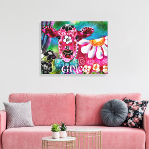 Whimsical Floral Kuh Pink Teal Schwarz Personalisi Leinwanddruck