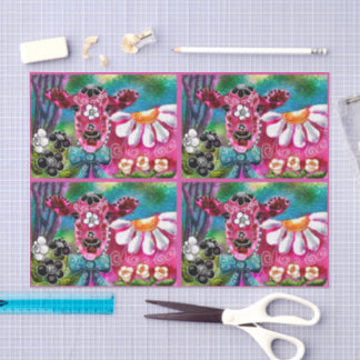 Whimsical Floral Kuh Rosa Türkis Schwarz Decoupage Seidenpapier