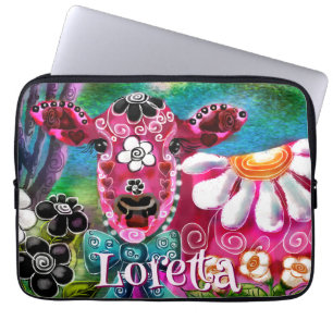 Whimsical Floral Kuh Rosa Türkis Schwarz Personali Laptopschutzhülle