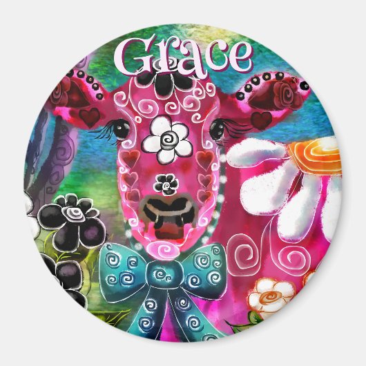 Whimsical Floral Kuh Rosa Türkis Schwarz Personali Magnet (Vorne)