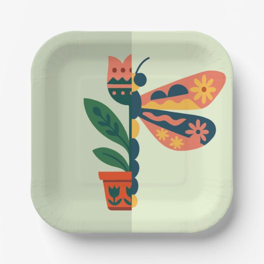 Whimsical floral Libellen-Design Pappteller (Vorderseite)