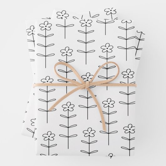 Whimsical Floral Line Art Sketch Schwarz-Weiß Geschenkpapier Set (Beispiel)