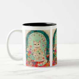 Whimsical Floral Meadow Cat Art Zweifarbige Tasse