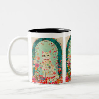 Whimsical Floral Meadow Cat Art Zweifarbige Tasse
