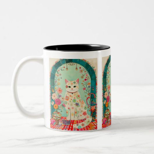 Whimsical Floral Meadow Cat Art Zweifarbige Tasse (Links)