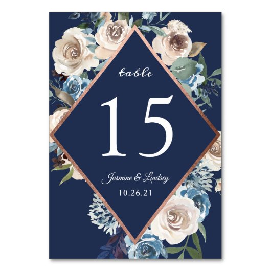 Whimsical Floral Navy Blue Rose Gold Hochzeit Tischnummer (Vorderseite)