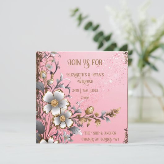 Whimsical Floral Pink Romance Einladung Hochzeit (Stehend Vorderseite)