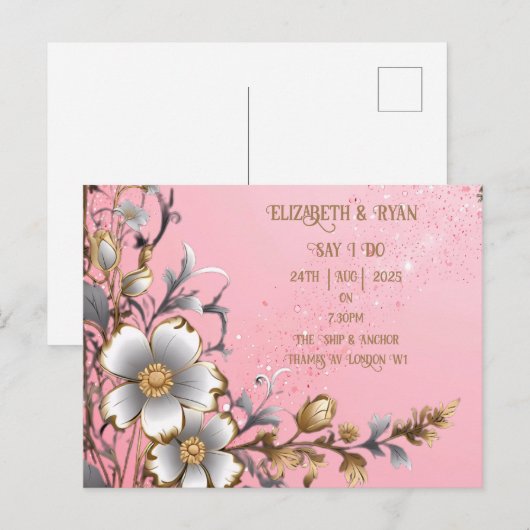 Whimsical Floral Pink Romance Einladung Hochzeit (Vorne/Hinten)