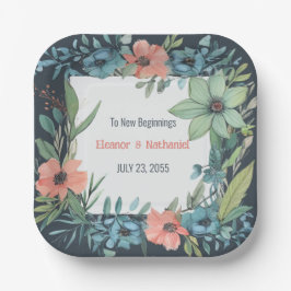 Whimsical Floral Salmon Blue Green Wedding Pappteller