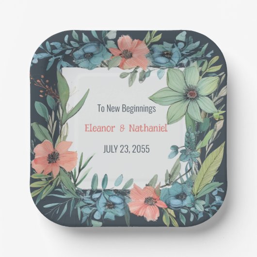 Whimsical Floral Salmon Blue Green Wedding Pappteller (Vorderseite)