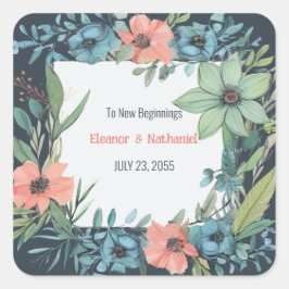 Whimsical Floral Salmon Blue Green Wedding Quadratischer Aufkleber